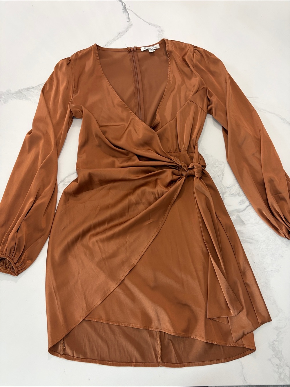 Satin Rust Wrap Mini Dress with Side Knot